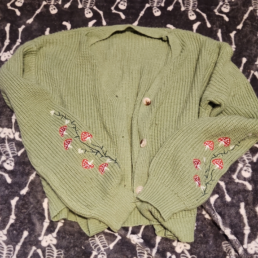 Amazon Green Women's Cardigan with Red Embroidery